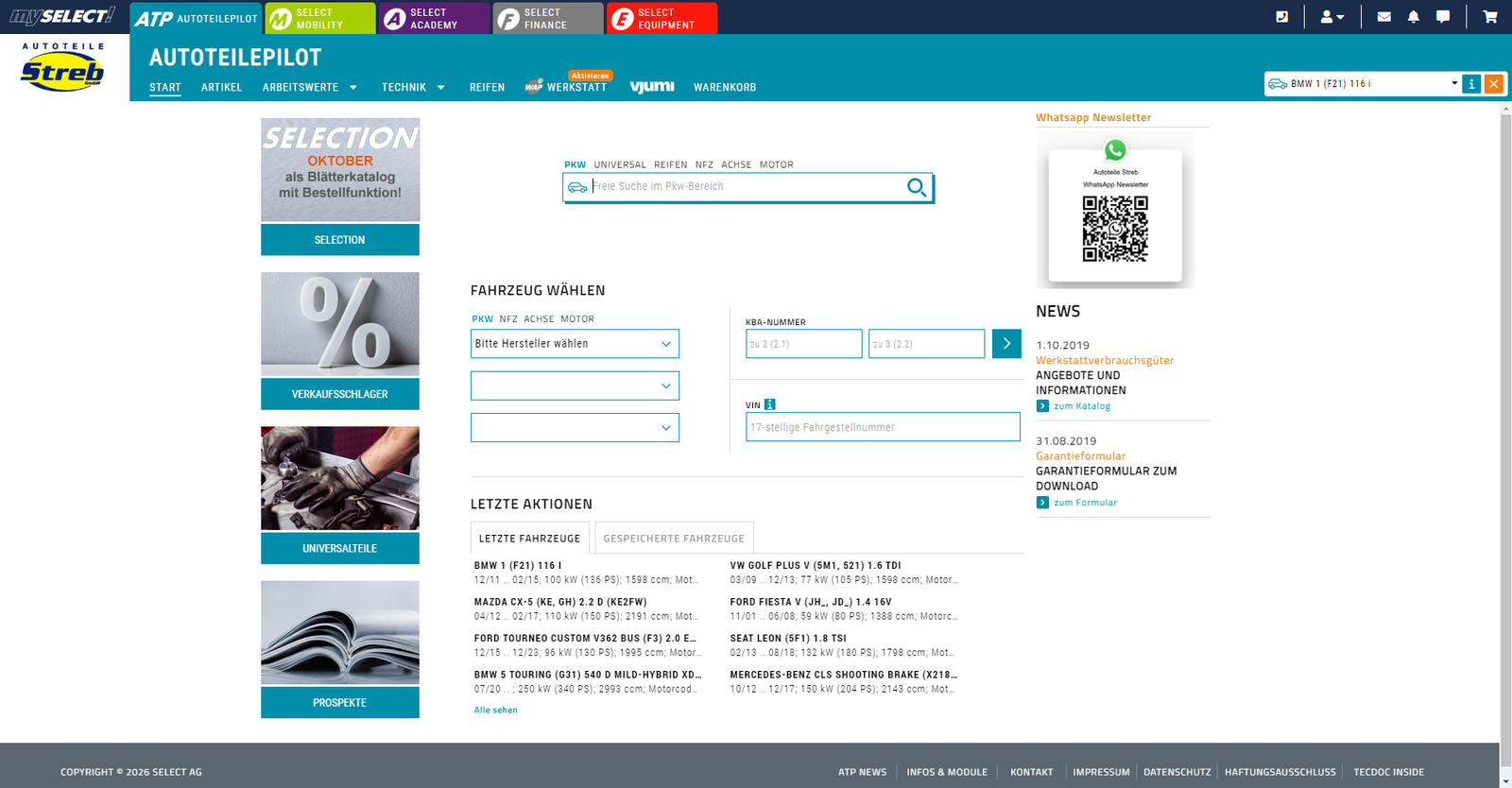 Auto-Teile-Pilot: Startseite mit Fahrzeugauswahl und Freitextsuche