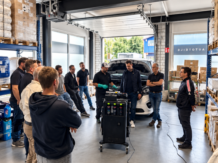 Praxisschulung in der Halle: Vorführung eines Servicegeräts an einem Fahrzeug